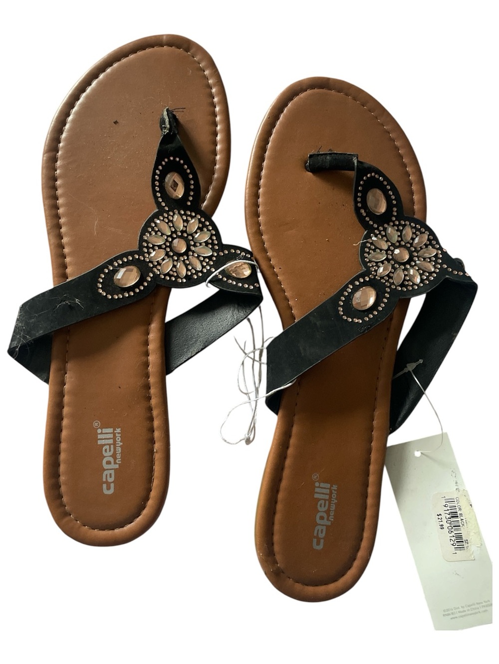 Capelli of New York Black Jeweled Floral Thong Sandals